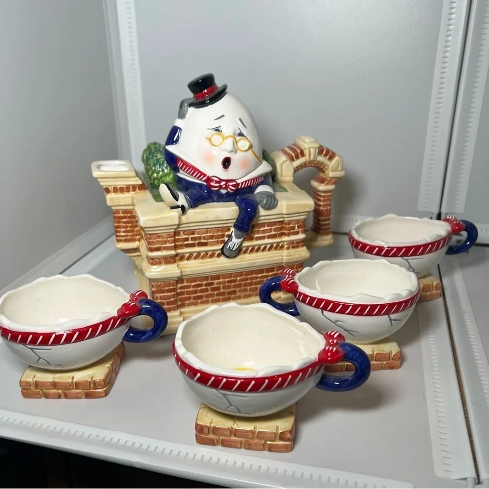 Dept. 56 Storybook “Humpty Dumpty” Handpainted Teapot & Cups